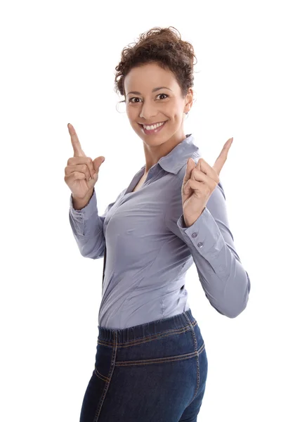 Young business woman turning round at camera laughing with hands Royalty Free Stock Photos