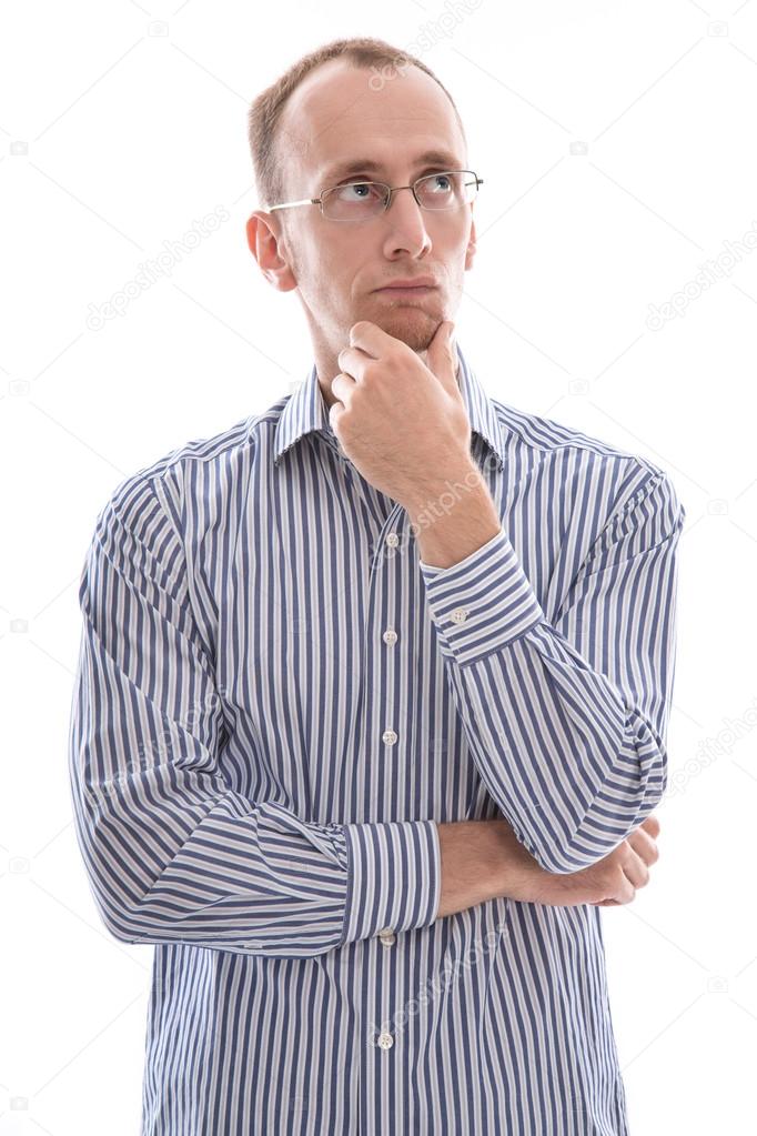 Man with glasses touching chin and disappointed isolated