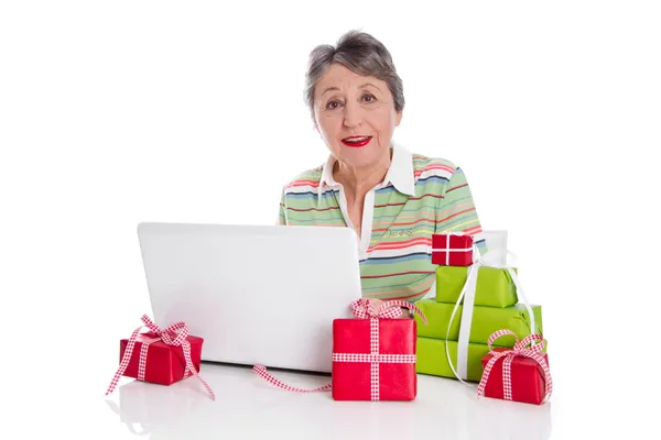 Grandmother ordered online gifts — Stock Photo, Image