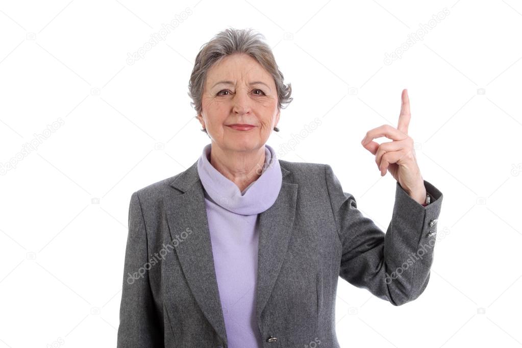 Mature lady with raised finger up