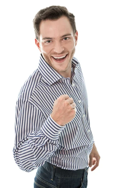 Successful attractive young business man holding fist up isolate — Stock Photo, Image