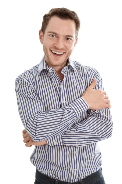 Молодой улыбчивый бизнесмен в синей рубашке и изолированный на отшибе — стоковое фото