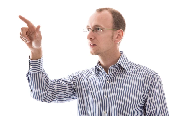 Homem usando óculos apontando isolado no fundo branco — Fotografia de Stock
