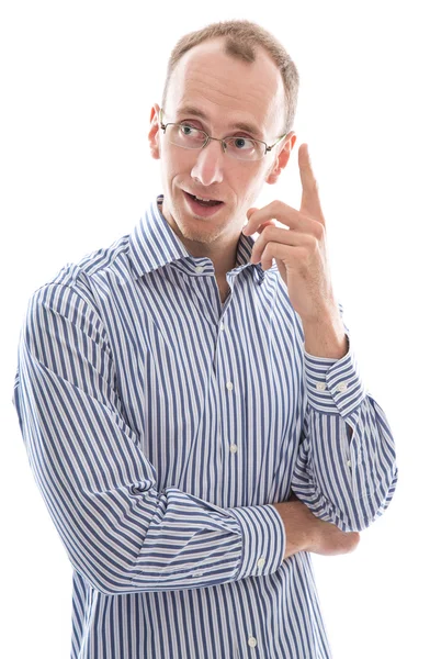 Ung man har bra idé upp finger isolerad på vit backgro — Stockfoto