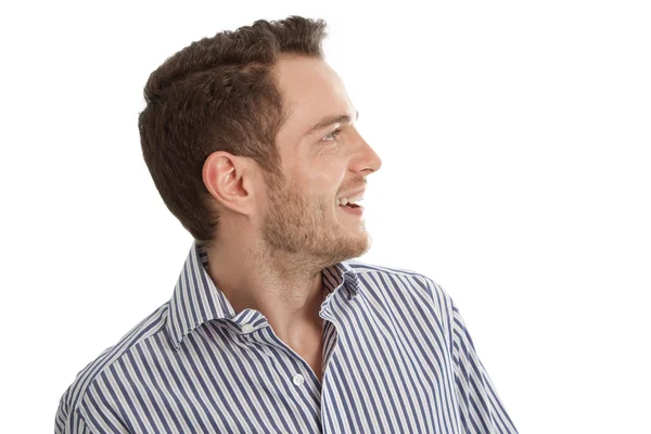 Audición - Hombre joven en camisa azul mirando hacia los lados aislado en w Imagen De Stock