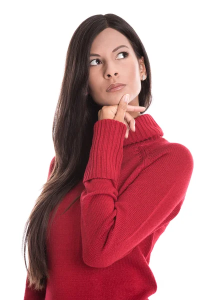 物思いにふける美しい若い女性は赤いプルオーバーと分離 — ストック写真
