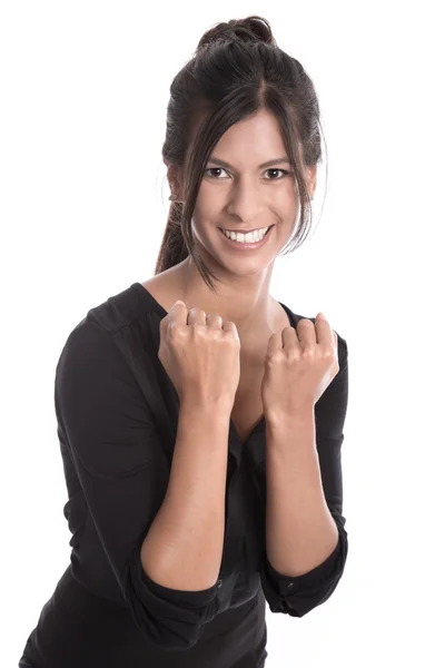 Éxito joven mujer de negocios sonriendo en un vestido negro —  Fotos de Stock