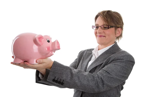 Mulher de negócios com banco porquinho — Fotografia de Stock