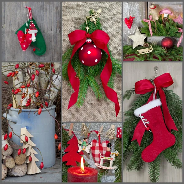 Decoración clásica de Navidad estilo rústico en rojo y verde natural —  Fotos de Stock