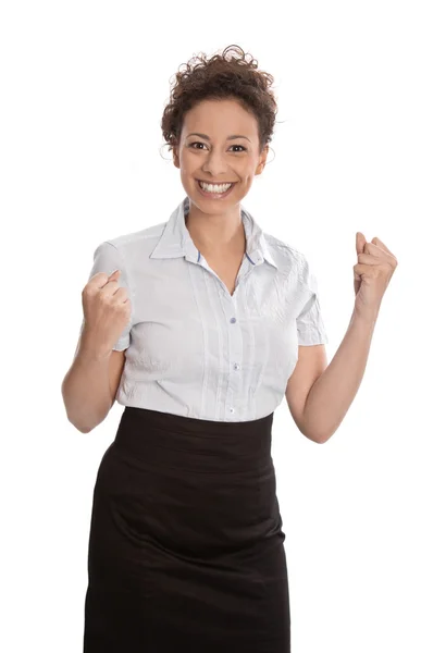 Succesvolle zakenvrouw - springen van vreugde met vuisten geïsoleerd — Stockfoto