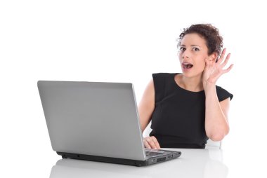 Genç komik iş kadın - sert-işitme veya meraklı