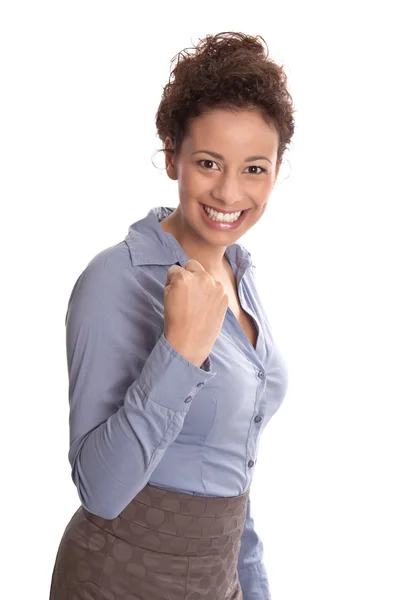 Мощная успешная молодая деловая женщина в синей блузке и сжимая кулак — стоковое фото