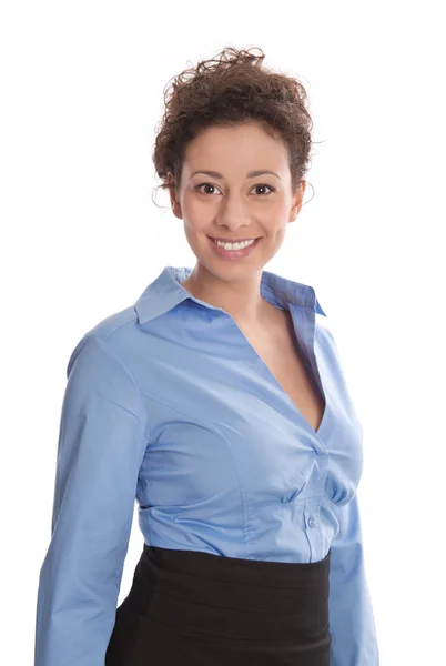 Retrato de una joven mujer de negocios sonriente con una blusa azul aislada en blanco —  Fotos de Stock