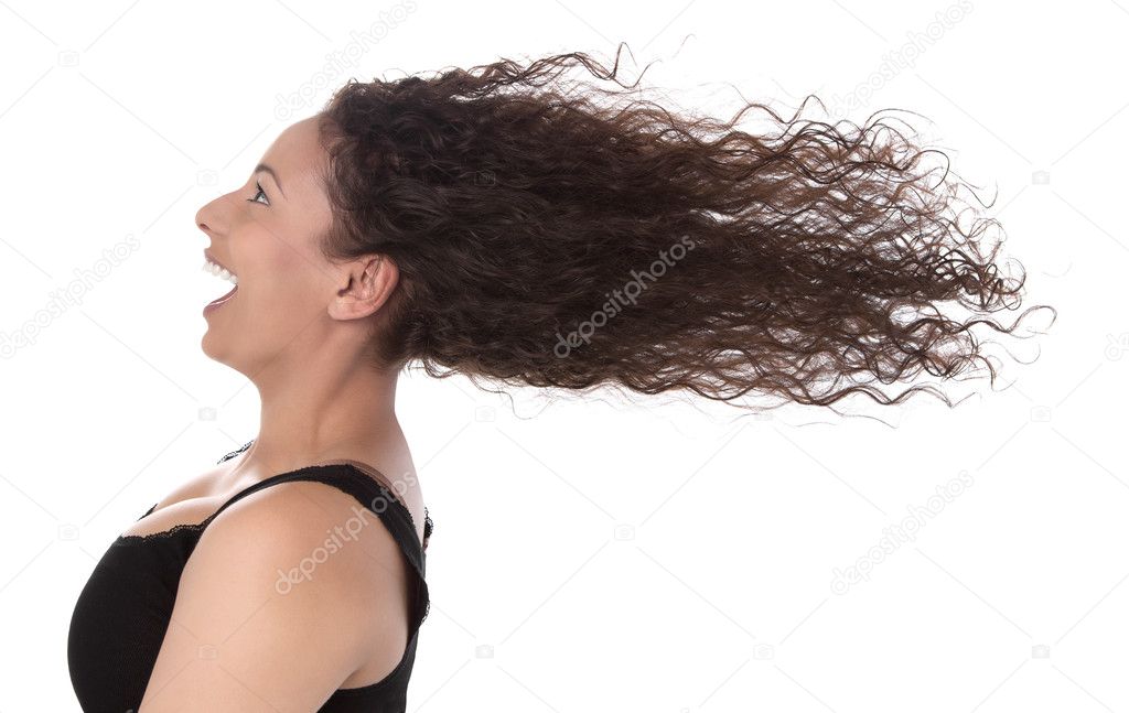 Windy: profile of laughing woman with blowing hair in wind isolated on white