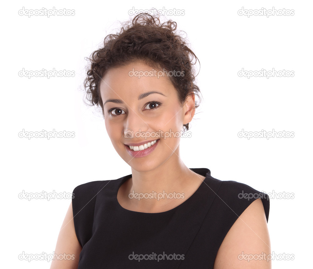 Business: beautiful woman in black smiling at camera isolated