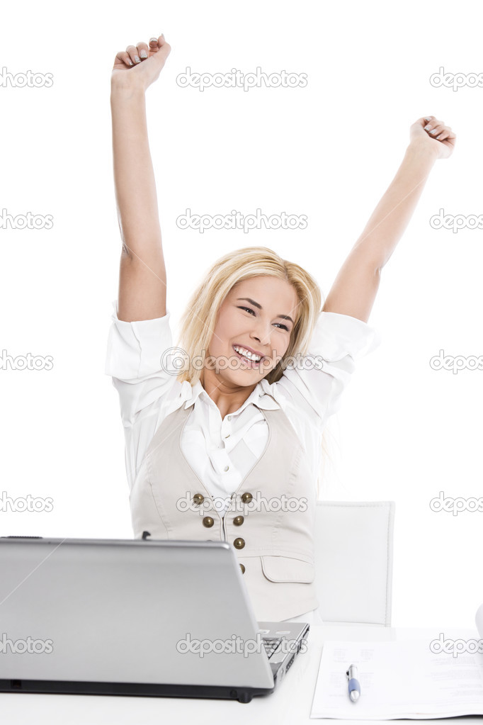 Successful woman raised up hands
