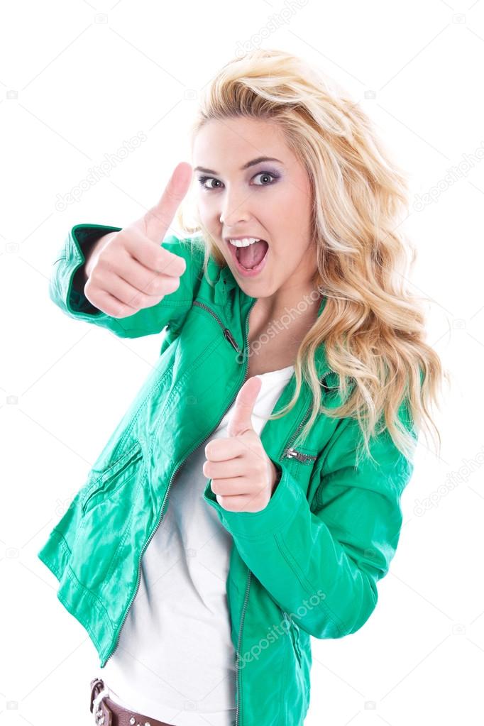 Blond woman thumbs up