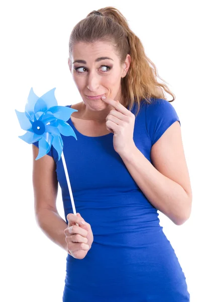 Chica alegre con turbina eólica —  Fotos de Stock