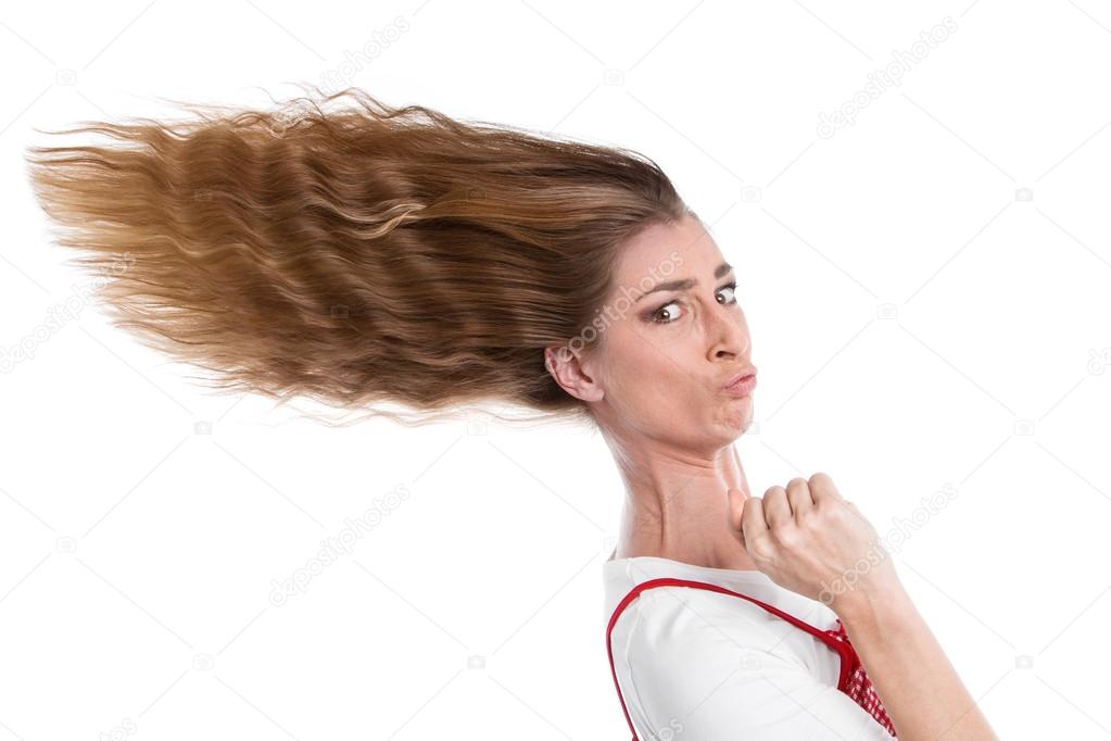 Woman with hurry-blown hair