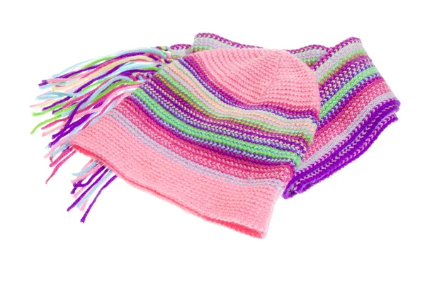 Knit scarf and cap on white background — Stock Photo, Image