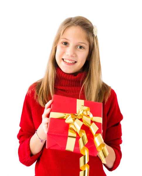 Flicka med en julklapp — Stockfoto