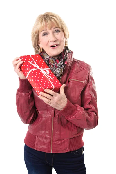 Mature lady with gift — Stock Photo, Image