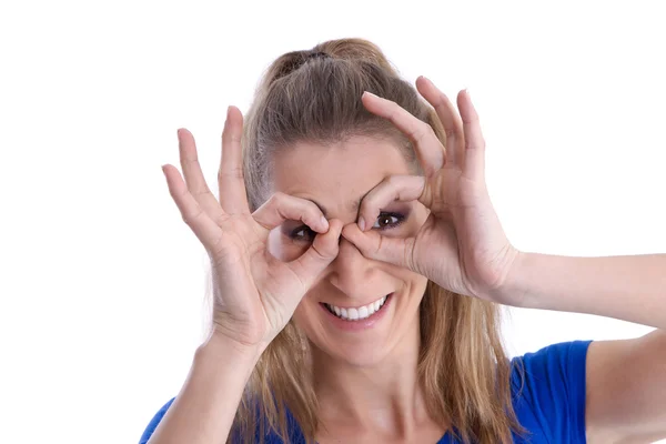 Woman with mask gesture — Stock Photo, Image