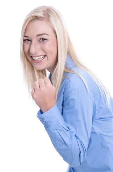 Isolado feliz jovem loira mulher de negócios - blusa azul  . — Fotografia de Stock