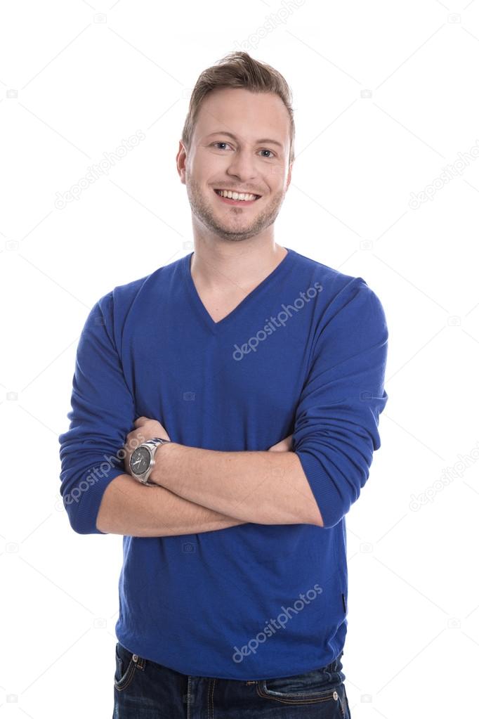 Smiling young man with blue pullover isolated on white.