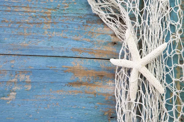 Estrella de mar en una red de pesca con fondo azul —  Fotos de Stock