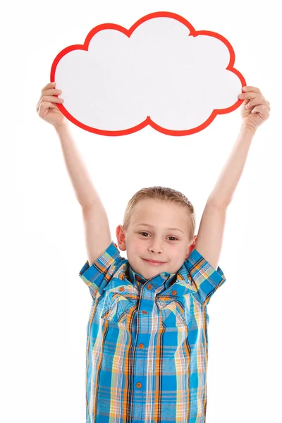 Cute little boy isolated with a white placard. — Stock Photo, Image