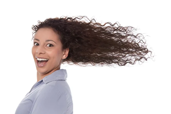 Rápido: mulher de negócios com pressa, mas que diversão - soprando o cabelo . — Fotografia de Stock