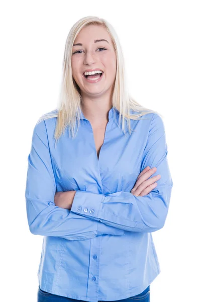 Aantrekkelijke jonge blonde vrouw geïsoleerd in de business-look — Stockfoto
