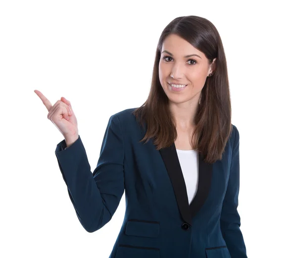 Usmívající se žena obchodní prezentaci. samostatný nad bílým poza — Stock fotografie