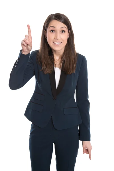 Glückliche Geschäftsfrau zeigt mit Zeigefinger isoliert auf Weiß. — Stockfoto