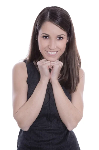 Retrato de uma jovem mulher sorridente em vestido preto isolado . — Fotografia de Stock