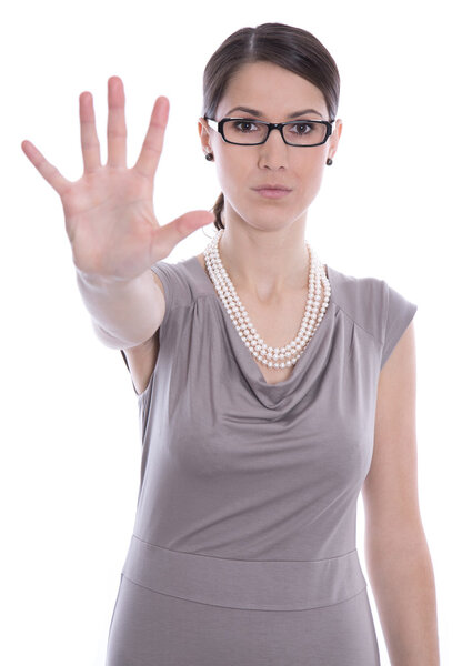 Isolated business woman says stop - concept for bullying.