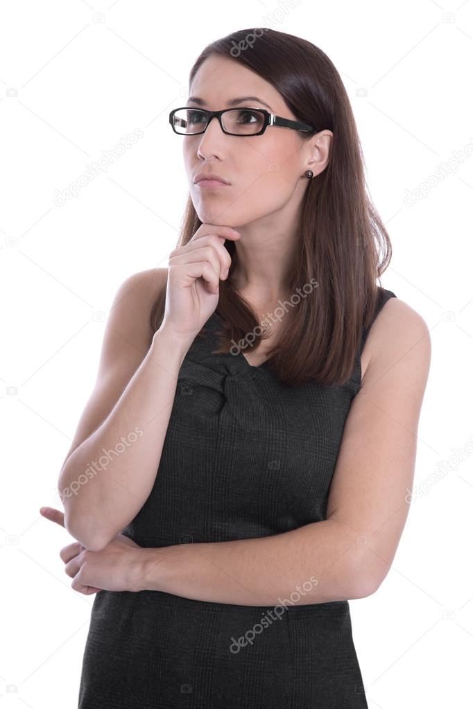 Business woman isolated in black and white with glasses looking