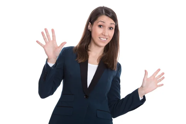 Δύσπιστος επιχειρήσεων γυναίκα τα χέρια ψηλά - απομονωθεί σε λευκό. — Φωτογραφία Αρχείου