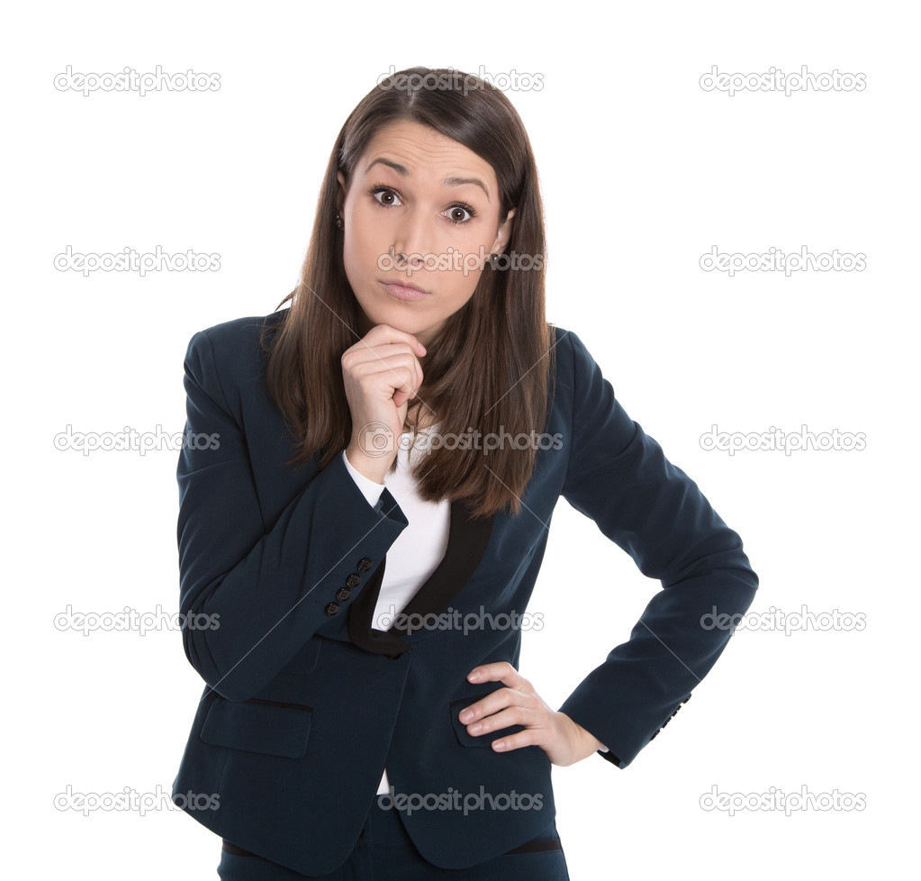 Portrait of a starring business woman isolated on white.