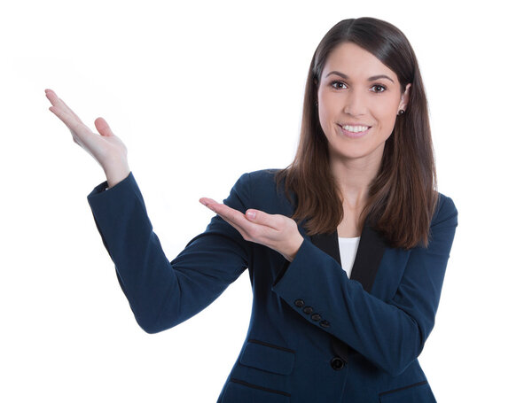 Smiling business woman presenting