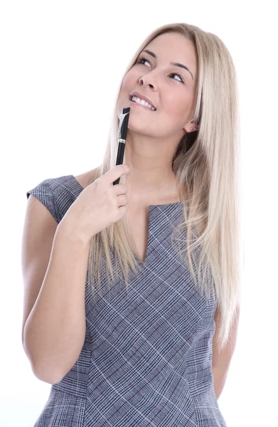 Frau denkt mit Stift in der Hand - Idee — Stockfoto