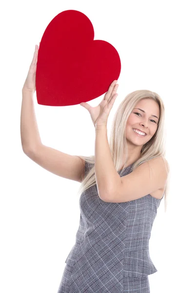 Mujer sosteniendo el corazón rojo y el pulgar arriba — Foto de Stock