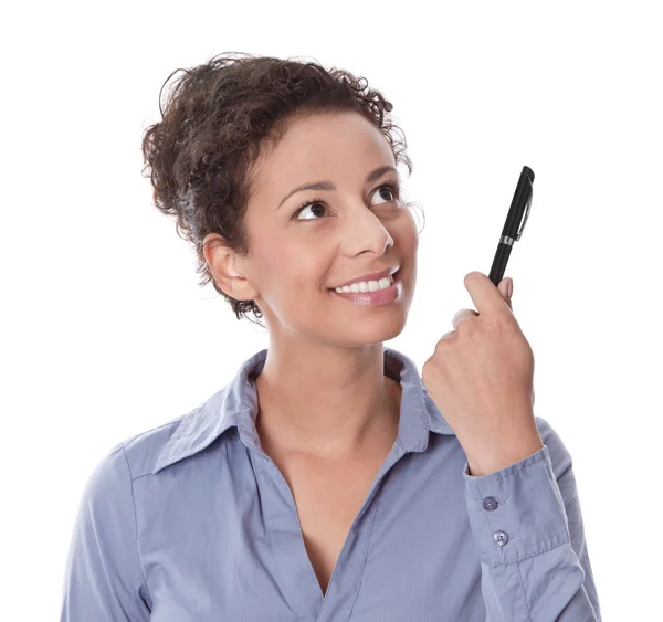 Idee: Frau denkt mit Stift in der Hand isoliert auf weißem Hintergrund — Stockfoto