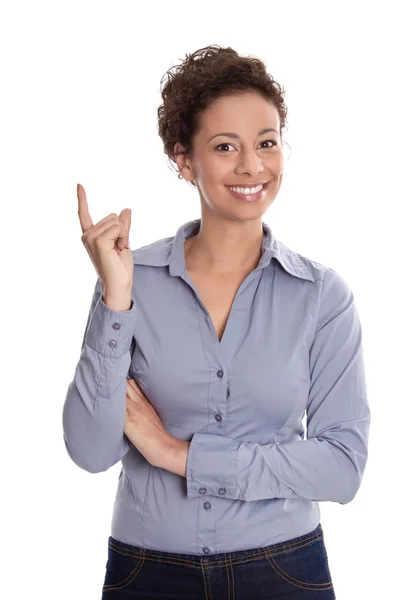 Young business woman smiling pointing finger up isolated on white — Stock Photo, Image