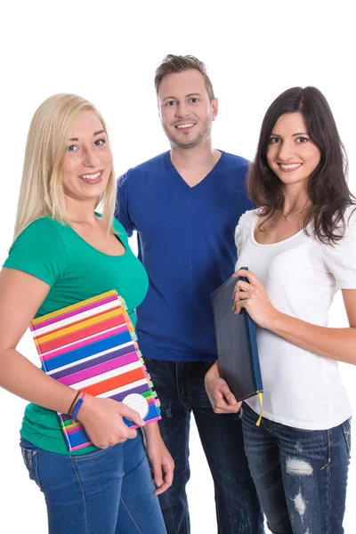 Tres personas aisladas caucásicas como estudiantes - equipo, trabajo en equipo . — Foto de Stock