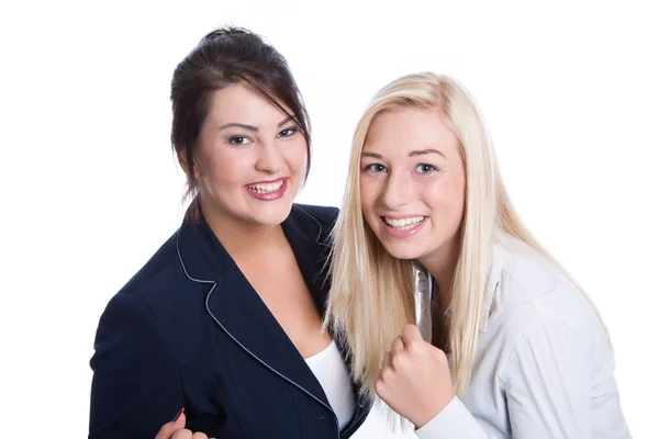 성공: 두 만족 여성 비즈니스 복장에 웃 고 스톡 사진