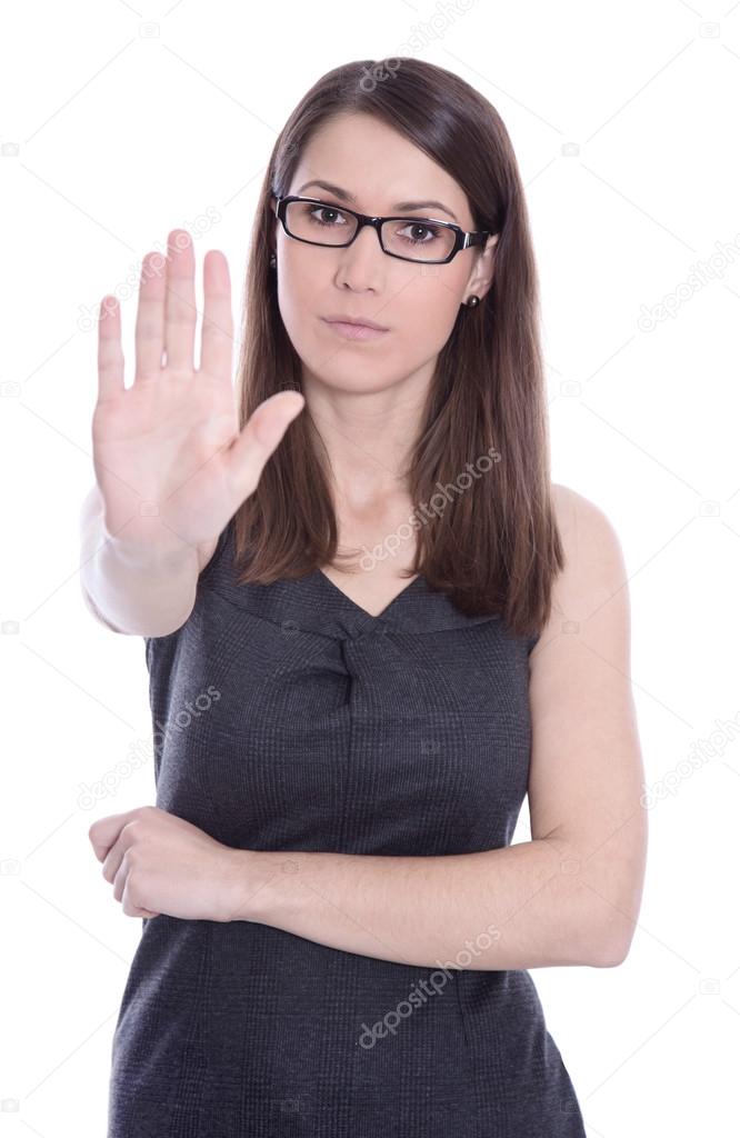 Isolated business woman says stop - concept for bullying.