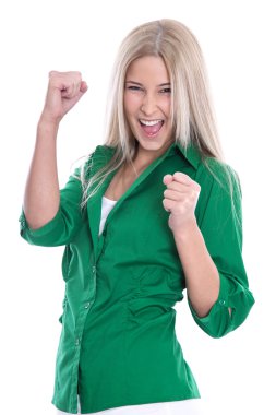 Successful businesswoman - jumping for joy with fists isolated clipart