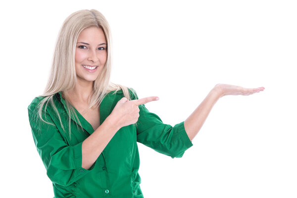 Attractive smiling business woman presenting - Isolated over whi